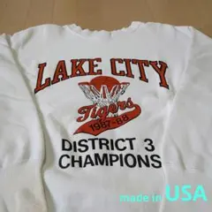 【80s トリコタグ】希少ホワイト×両面6段ラバープリント リバースウィーブ