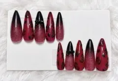 ネイルチップ レオパード ヒョウ柄　赤黒 ラメ リボン