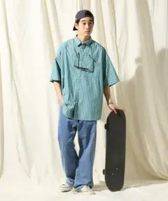 niko and... ビッグシルエット ストライプシャツ グリーン