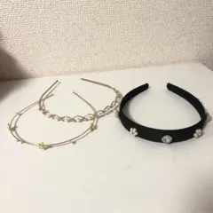 カチューシャ　3本　ゴールド　モチーフ　フラワー　ブラック　パール