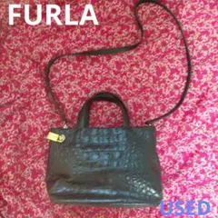 ★FURLA 黒 ワニ革 ハンドバッグ 傷あり ショルダー USED a0185