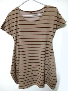 ベージュ赤ストライプ 半袖Tシャツのサムネイル