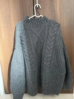 グレー ケーブルニットセーター 長袖 オーバーサイズ