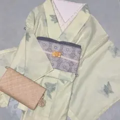【NEW】単衣仕立て 淡い黄緑色 花モチーフ 爽やかな紗織りのサマーウール