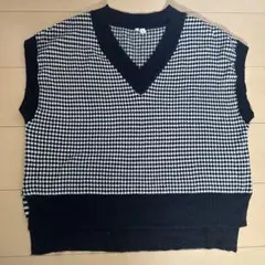 チェック柄 Vネック ニットベスト　春服　レディース