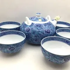 美濃焼　庫山窯　急須 湯呑み 5客セット 陶磁器 牡丹唐草模様　新品のサムネイル