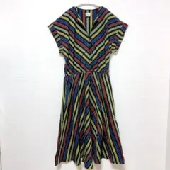 7-82ストライプ ボタン付き ワンピース レトロ おしゃれ パーティ古着