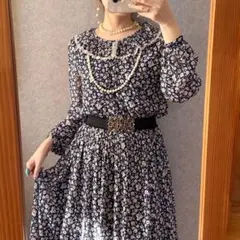 ヴィンテージ 昭和レトロ 古着 フリルビッグカラー花柄シフォンワンピース レース