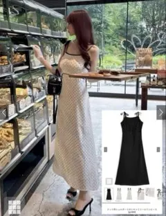 ドット柄ショルダーリボンキャミソールワンピース[gn484]