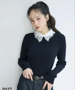 ベースメントオンライン　2TYPE 襟付きリブニット　ネイビー