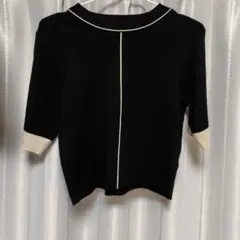 DouDouバイカラー 半袖ニット ブラック