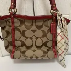 Coach ロゴトートバッグ ベージュ/赤