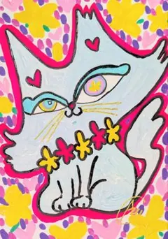 ハートまみれの気高き白猫さん】額縁付き☆ 絵画 イラスト 猫イラスト
