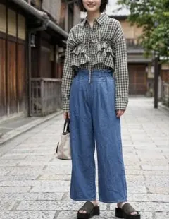 BROWNY STANDARD ハイウエストワイドパンツ デニム風 体型カバー