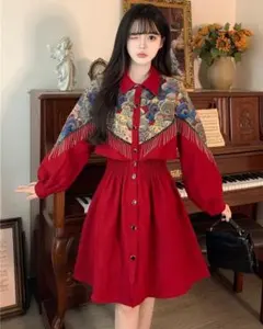 新品大きいサイズ 3Lタッセル付き異素材ミックス セットアップ風ワンピース秋冬ｙ