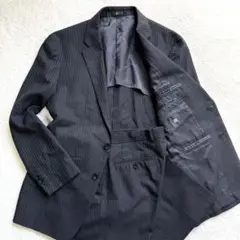 AB5 【美品】スーツセレクト セットアップ 背抜き アンコン 黒 ストライプ