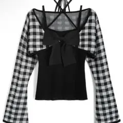 チェック柄ボレロ×ホルターネックリボンキャミソールニットアンサンブルru1680