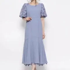 【美品】 リリーブラウン 花柄 レース 半袖 ワンピース ブルー M
