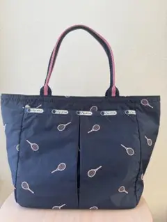 レスポ　トートバッグ　刺繍　ネイビー×ラケット白刺繍