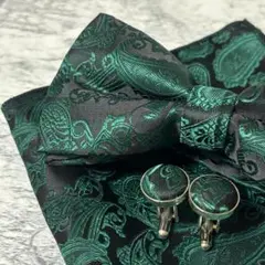 蝶ネクタイ チーフ カフス セット グリーン ペイズリー 結婚式 披露宴 緑