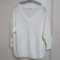 スタジオクリップ　綿麻 オフホワイトゆる編みV開きセーター　Lサイズ