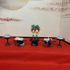 掛盤 御膳揃 雛道具 木製 唐草文様｜ 三方 徳利 菱餅 高坏 雛人形