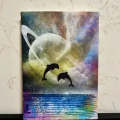 231】スプレーアート 海 イルカ 夕焼け 風景画 月 水平線 オレンジ 雲
