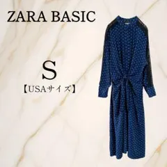 ザラベーシック【S】ドット柄ロングワンピース レース袖 ウエストリボン スリット