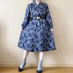 花柄 フリル テーラードカラー ワンピース 昭和レトロ ヴィンテージ 一点物 紺