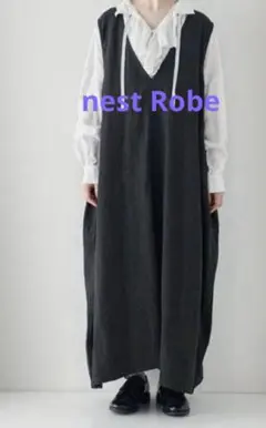 nest Robe バンドカラーロングワンピース リネン Fサイズ パープル nest Robe バンドカラーロングワンピース リネン Fサイズ