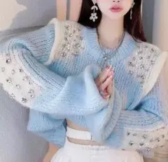 水色 ビジュー装飾 ニットセーター 長袖