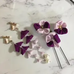 つまみ細工髪飾りイヤリングの2点セット