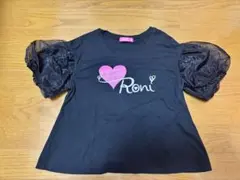 美品 RONI ロニィ 袖チュール ハート ロゴ ラメ Tシャツ バックリボン