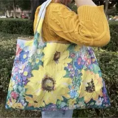 油絵風　折りたたみ エコバッグ ひまわり柄 防水 軽量トート