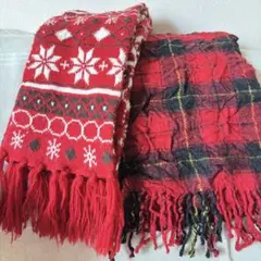 赤 雪の結晶 デザイン ニット、ワッフル地チェック　2枚組　マフラー　かわいい