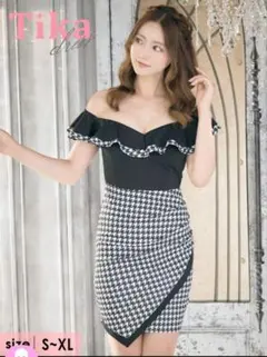 Tika オフショルダーフリルタイトドレス Lサイズ