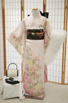 白地 とくすみピンク 牡丹柄 振袖 帯 フルセット 成人式 かわいい 