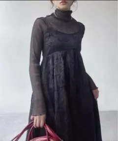 【美品】AS KNOW AS plus 花柄フレアキャミワンピ 黒 F