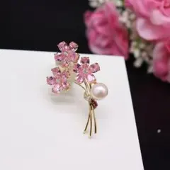 桜モチーフ ブローチ ピンクジルコニア 淡水パール 結婚式 入学式 卒業式母の日