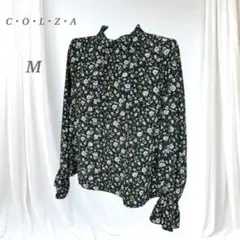 美品 コルザ 花柄 ハイネック 長袖ブラウス フリル キャンディースリーブ M