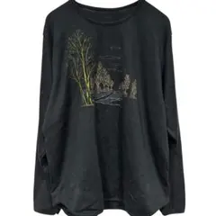 【日本製】風景画 刺繍 ウール混 カットソー 黒 チュニック丈 大人可愛い 上品