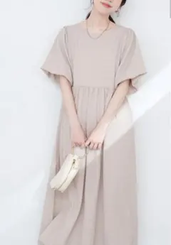 natural couture シャーリングチェックパフスリーブワンピース