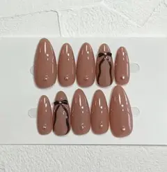 ネイルチップ現品　バレンタイン　シンプル　リボン　ぷっくり　アーモンド