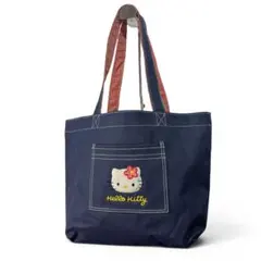 【Hello Kitty】トートバッグ デニム風 ワッペン ネイビー