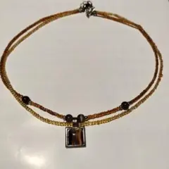 ビーズネックレス ペンダントトップ付き オレンジ系 2連 ハンドメイド