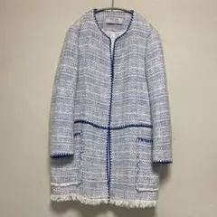 ZARA BASIC ノーカラー　ツィードジャケット ホワイト/ブルー