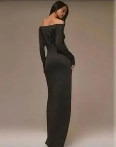 ロングドレス シンプル ダークグレー系 XLサイズ オフショルダー