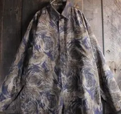 古着 ヴィンテージ M テロ感 ブラック ポリエステルシャツ 黒 渦巻き 総柄