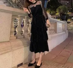 シースルー ベルベット　パーティードレス　 ティアード M