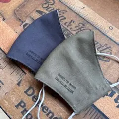 ハンドメイド布マスク★9860 大人用 綿麻 カーキ ダーク系。白ゴム リネン